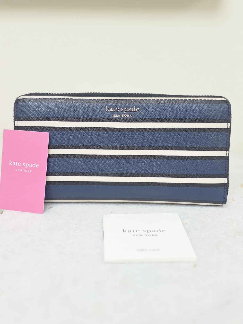 Kate Spade Cameron NY Blue Stripe Large Continental Wallet Zip-Around Wallet